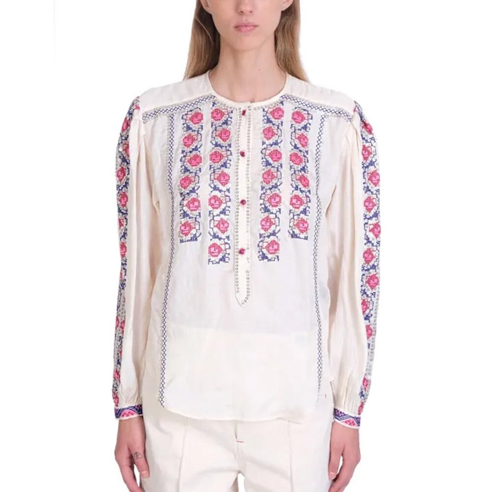 Isabel Marant Ciskalia Folk Embroidered Silk Blouse Size FR 34
